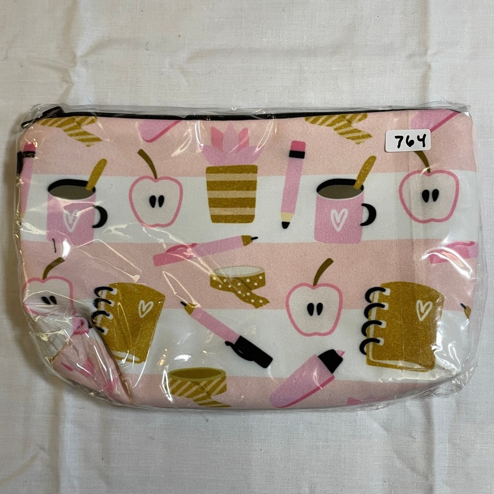 The Pouch‎ Cosmetic Bag Womens Small Pink NWT Stationery Print Zipper Pouch 8x5